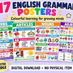 Può includere: Un set di 17 poster di grammatica inglese con tabelle educative colorate per verbi, articoli, sostantivi e aggettivi. Il download digitale include illustrazioni ed esempi testuali per imparare le parti del discorso su uno sfondo viola chiaro.