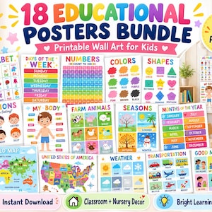 May include: A bundle of 18 educational posters for children featuring colorful illustrations and text. Topics include the alphabet, days of the week, numbers, colors, shapes, emotions, body parts, farm animals, seasons, months, maps, weather, and manners.