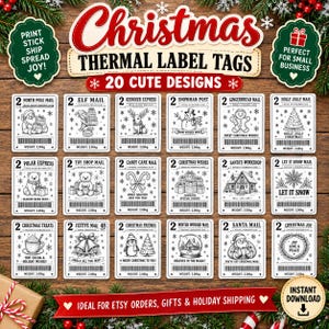 Pode incluir: Um conjunto de 20 etiquetas térmicas retangulares com ilustrações natalinas em preto e branco, incluindo Papai Noel, renas, bonecos de neve e biscoitos de gengibre. Cada etiqueta inclui um código de barras, peso de 2,00 kg e títulos festivos.