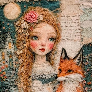 May include: A mixed-media artwork featuring a girl with long, curly red hair adorned with flowers, and a fox. The girl has rosy cheeks and blue eyes. A full moon and a cottage are in the background, surrounded by flowers. The artwork has a textured, fabric-like appearance.