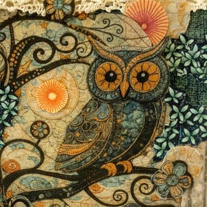 May include: A mixed media artwork featuring an owl perched on a branch. The owl has large orange eyes and is surrounded by floral and patterned elements in shades of blue, orange, and cream. The artwork is embellished with lace and paper cutouts.