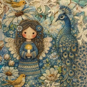 May include: A whimsical illustration featuring a blue-clad angel holding a candle, surrounded by white daisies, lace, and a peacock. Yellow birds perch among the flowers. The artwork has a vintage, fairytale aesthetic.