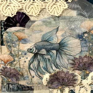 May include: Mixed media artwork featuring a blue betta fish with flowing fins, surrounded by purple flowers and beige lace accents. The artwork has a collage style with various textures and patterns, creating a layered effect.