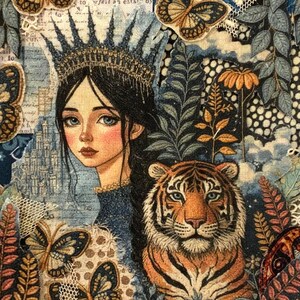 Jasmine,girl,tiger,fabric,collage,slow stitch,applique,junk journal,embroidery,patch,kit