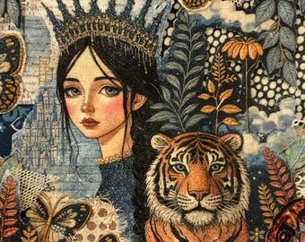 Jasmine,girl,tiger,fabric,collage,slow stitch,applique,junk journal,embroidery,patch,kit