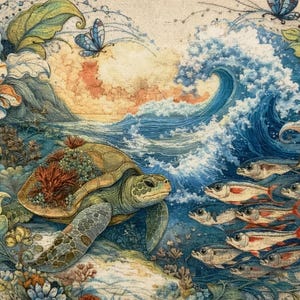 May include: An artistic illustration of a sea turtle, surrounded by ocean waves, fish, and flowers. The color palette includes blues, greens, and oranges, creating a vibrant and detailed underwater scene. Butterflies add a whimsical touch.