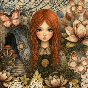 May include: A whimsical illustration featuring a young girl with long red hair, surrounded by butterflies and flowers. The artwork has a fairytale theme, with a cave entrance and mushrooms in the background. The color palette includes soft pinks, greens, and browns.