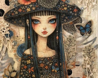 Gia,girl,slow stitch,fabric,collage,applique,embroidery,junk journal,book,patch,kit