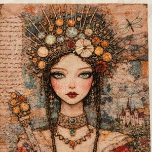 May include: A detailed illustration of a woman adorned with a jeweled crown and necklace, holding a staff. The artwork features a soft color palette with a vintage aesthetic, including a castle in the background and a dragonfly.