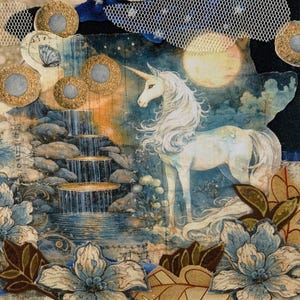 May include: A mixed-media artwork featuring a white unicorn standing near a waterfall under a full moon. The artwork incorporates floral elements in shades of blue, brown, and gold, with a textured, layered appearance. Butterflies and circular accents add detail.
