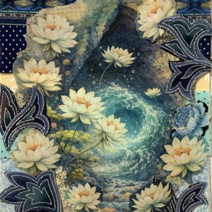 May include: A mixed media artwork featuring a central image of a swirling ocean scene with white lotus flowers. The artwork is framed by blue floral and leaf cutouts with silver glitter accents, and various patterned fabric borders.