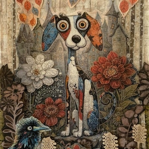 May include: A mixed media textile art piece featuring a stylized dog with large eyes, surrounded by colorful floral patterns, a small bird, and a background of tall buildings. The composition includes lace trim at the top and bottom edges.
