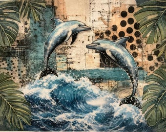 Afternoon delight 1,dolphin fabric,collage sheet,slow stitch,junk journal,embroidery,book,patch