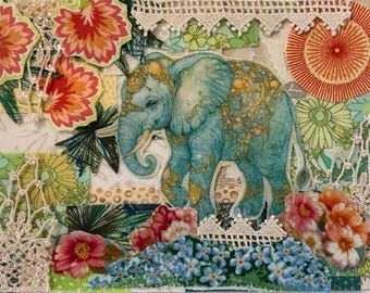 Cherry Limeade,elephant,slow stitch,fabric,collage,applique,embroidery,junk journal,book,patch,kit