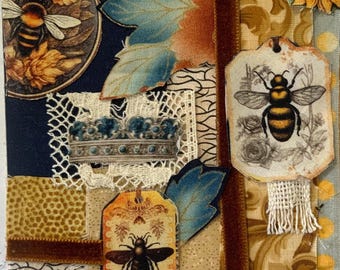 Bee Haven,slow stitch,fabric,collage,applique,embroidery,junk journal,book,patch,kit