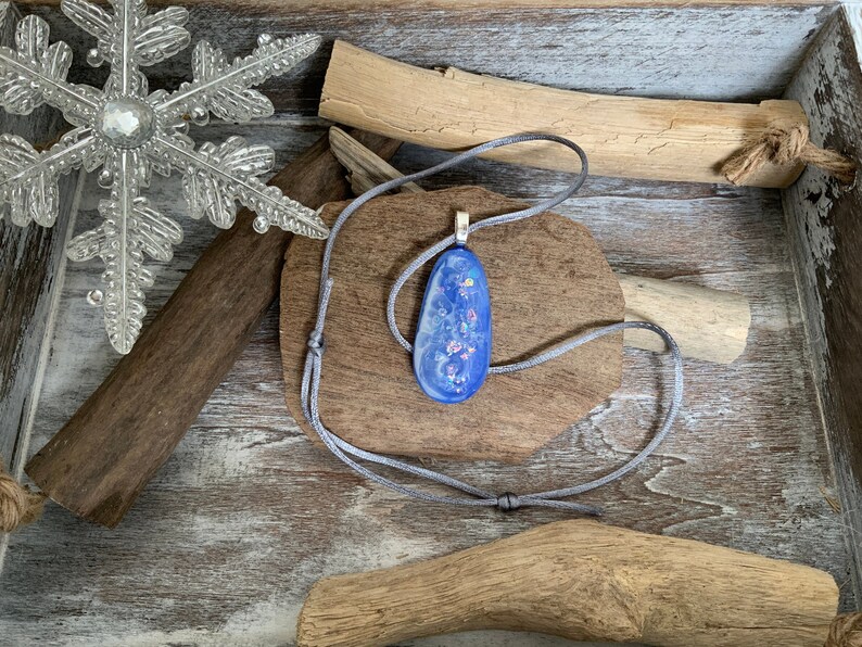 dichroic fused glass blue sparkling glittery pendant Joule necklace