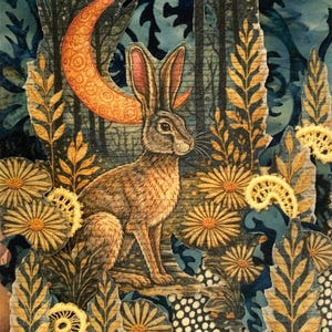 May include: An artistic collage featuring a brown hare with long ears, set against a backdrop of a forest and a crescent moon. The artwork incorporates floral and leaf elements in shades of gold and blue, creating a whimsical, nature-inspired scene.
