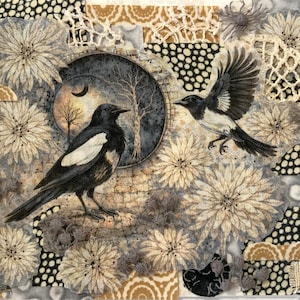 May include: Mixed media artwork featuring two magpies, one perched and one in flight, set against a backdrop of floral and patterned fabric. The artwork incorporates a circular element with a moonlit scene and tree silhouettes, with neutral tones.