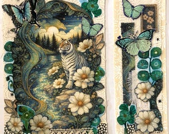 Onyx,white tiger,+ bookmark fabric ,collage,slow stitch,junk journal,applique,embroidery,patch,kit