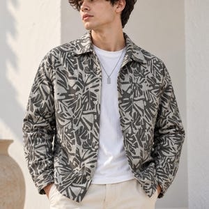 Men’s Oversized Leaf Print Shacket, Grey Poly-Cotton Shirt Jacket, Long Sleeve