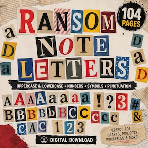 Könnte beinhalten: Eine digitale Download-Sammlung von Erpresserbrief-Buchstaben mit 104 Seiten voller verschiedener Groß- und Kleinbuchstaben, Zahlen, Symbole und Satzzeichen in diversen Farben, Schriftarten und Stilen, dargestellt als einzelne Papierausrisse.