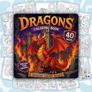 以下が含まれることがあります： 40ページの「Dragons Coloring Book」というタイトルの正方形の塗り絵。表紙には、炎に包まれた石造りの城の前に立つ赤いドラゴンが描かれています。テキストには「Unleash Your Creativity」と「Imagine. Color. Roar!」が含まれ、周囲には白黒の線画が配置されています。