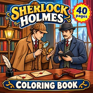 Dibujos para colorear del detective Sherlock Holmes para adultos: Misterio, investigación de la escena del crimen, Doctor Watson victoriano. Descarga digital imprimible.