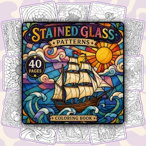 May include: A square colouring book titled Stained Glass Patterns with 40 pages. The cover features a colourful stained glass illustration of a sailing ship on ocean waves under a bright sun, surrounded by various black and white line art pages.