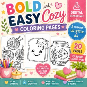 May include: A digital download of 20 Bold and Easy Cozy colouring pages with 3 bonus coloured pages in US Letter and A4 formats. The graphic features line art of yarn balls, a smiling toast with butter, and a fish in a bowl with coloured pencils.