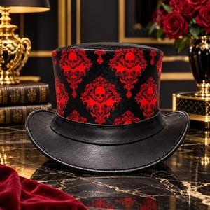 Gothic Skull Top Hat, Black Red Leather Hat, Handmade Victorian Costume Hat, Gothic Cowboy Hat, Halloween Cosplay Hat