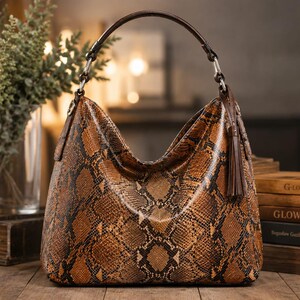 Può includere: Una borsa a spalla in stile hobo con motivo a pelle di serpente marrone e nero. La borsa presenta un unico manico marrone scuro fissato con hardware in metallo argentato e una nappa decorativa in pelle marrone scuro sul lato.