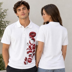 Polo Shirt, White Polyester with Red Kiss Graphic | Lightweight