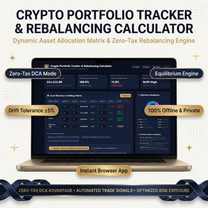 Könnte beinhalten: Ein Laptop mit einer Benutzeroberfläche für Krypto-Portfolio-Tracker und Rebalancing-Rechner im Dunkelmodus, mit Datentabellen, Diagrammen zur Vermögensallokation und Beschriftungen für Zero-Tax DCA-Modus, Equilibrium Engine und Drift-Toleranz.