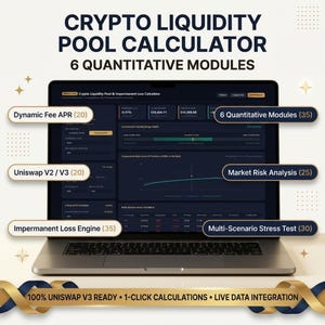 Könnte beinhalten: Ein Laptop mit einer Crypto Liquidity Pool Calculator-Oberfläche mit 6 quantitativen Modulen. Der Text umfasst Dynamic Fee APR, Uniswap V2/V3, Impermanent Loss Engine, Market Risk Analysis, Multi-Scenario Stress Test und 100% Uniswap V3 Ready.