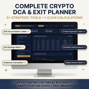 Könnte beinhalten: Ein Computermonitor, der die Benutzeroberfläche der Software Complete Crypto DCA & Exit Planner anzeigt. Der Bildschirm zeigt ein dunkel gestaltetes Dashboard mit Tabellen für die DCA-Kaufleiter-Ausführung, Strategieparameter und Finanzkennzahlen.