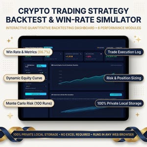 Può includere: Una dashboard digitale intitolata Crypto Trading Strategy Backtest & Win-Rate Simulator visualizzata su uno schermo di tablet. Include sei moduli di performance: Win Rate & Metrics, Trade Execution Log, Dynamic Equity Curve, Risk & Position Sizing, Monte Carlo Risk (100 Runs) e 100% Private Local Storage.