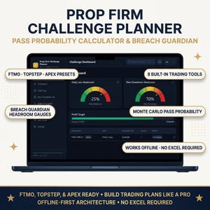 May include: A digital Prop Firm Challenge Planner displayed on a laptop screen, featuring a dark dashboard with gauges for daily loss and max drawdown, profit target tracking, and labels for FTMO, Topstep, and Apex presets with 8 built-in tools.
