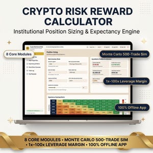 Może przedstawiać: Ekran laptopa wyświetla interfejs oprogramowania Crypto Risk Reward Calculator z tekstem obejmującym 8 Core Modules, Monte Carlo 500-Trade Sim oraz 1x-100x Leverage Margin. Pulpit nawigacyjny zawiera sekcję wielkości pozycji, dane architektury ilościowej oraz macierz mapy cieplnej oczekiwań.