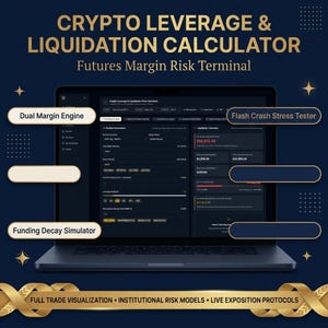 Könnte beinhalten: Ein dunkel gestalteter Laptop-Bildschirm mit einem Crypto Leverage & Liquidation Calculator und Futures Margin Risk Terminal. Zu den Funktionen gehören ein Dual Margin Engine, Flash Crash Stress Tester und Funding Decay Simulator.