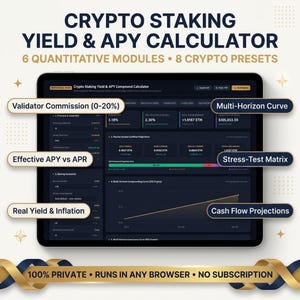 May include: A digital interface for a Crypto Staking Yield & APY Calculator displayed on a tablet screen. The dashboard features dark mode with data modules including Validator Commission, Multi-Horizon Curve, and Cash Flow Projections.