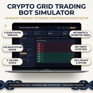 May include: A laptop displaying the Crypto Grid Trading Bot Simulator software interface. The screen shows data tables, strategy parameters, and grid order distribution. Text labels highlight features like 6 quantitative modules, arithmetic and geometric grids, a live backtesting engine, net profit after fees, 5-100 grid levels, and 100% private and offline operation.