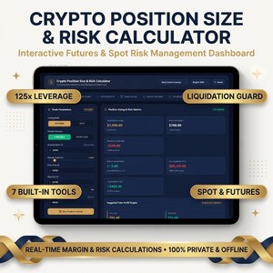 May include: A digital crypto position size and risk calculator dashboard displayed on a tablet screen. The interface features trade parameters, position sizing metrics, and risk management tools with text labels including 125x leverage and liquidation guard.