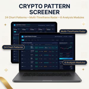 Puede incluir: Un portátil y una tableta que muestran la interfaz del software Crypto Pattern Screener en modo oscuro, con 24 patrones de gráficos, un radar multitemporal y 6 módulos de análisis. Las pantallas muestran tablas de datos financieros.