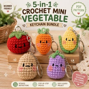 May include: A 5-in-1 crochet mini vegetable keychain bundle featuring a red tomato, orange carrot, yellow corn, tan potato, and purple eggplant. Each vegetable has a stitched face with pink cheeks and a metal keychain ring attached to the top.