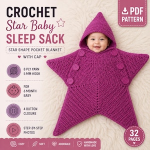 May include: A magenta crochet star-shaped baby sleep sack with a hood and four buttons. The text reads CROCHET Star Baby SLEEP SACK, STAR SHAPE POCKET BLANKET WITH CAP, 8 PLY YARN 5 MM HOOK, FOR 6 MONTH BABY, 4 BUTTON CLOSURE, STEP-BY-STEP PHOTOS, 32 PAGES.