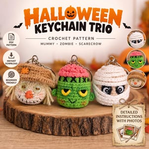 3 in 1 Halloween Crochet Keychain Pattern Bundle, Mummy Zombie Scarecrow Amigurumi PDF, Halloween Crochet Bundle, Instant Download