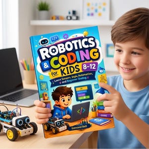 Puede incluir: Un libro de tapa dura titulado Robotics & Coding for Kids 8-12 de Edmond Bell. La portada presenta una ilustración de dibujos animados de un niño usando una computadora portátil, un pequeño robot y texto colorido. El libro se muestra.