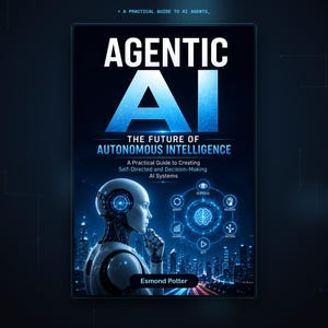 Może przedstawiać: Okładka książki zatytułowana Agentic AI: The Future of Autonomous Intelligence autorstwa Esmonda Pottera. Przedstawia białą postać robota, świecącą ikonę mózgu otoczoną etykietami procesów oraz tło z ciemną panoramą miasta.
