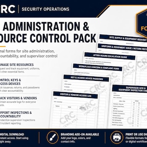 Könnte beinhalten: Ein Paket zur Standortverwaltung und Ressourcenkontrolle mit 7 professionellen Formularen für Sicherheitsoperationen. Die Dokumente umfassen Anfragen für Ausrüstung, Uniform-Ausgabeprotokolle, Eskalationsleitfäden, Beschwerdeformulare, Schlüsselübergabeprotokolle, Besucherlisten sowie Checklisten für die Inspektion von Standorten und Ausrüstung.