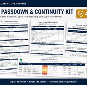 Può includere: Un kit digitale per il passaggio di consegne e la continuità operativa che include quattro moduli di sicurezza: rapporto di passaggio turno, registro chiavi e attrezzature, diario di revisione del supervisore e tracker operativo.